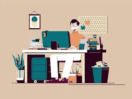 Illustration of a person working at a tidy desk with a monitor, books, a plant and a pegboard