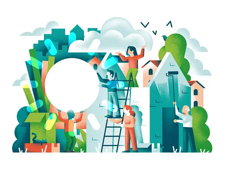 Illustration of people building a house together with ladders, windows and plants