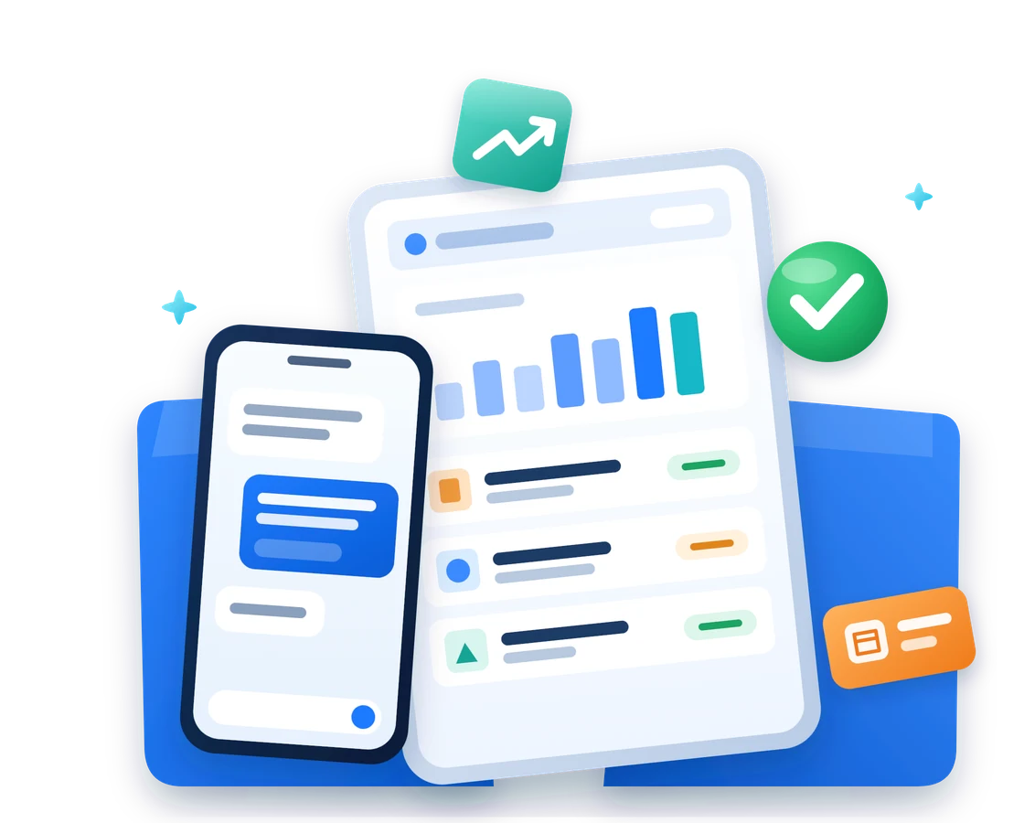 Illustration: a phone showing a customer conversation in front of a catalog dashboard with sales bars and product rows, with an approval check and an order tag